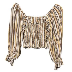 Angie Striped Smocked Peasant Style Cropped Off Shoulder Boho Festival Blouse